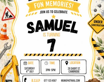 Personalised Construction Birthday Invitation | Digger Party Invite | Building Birthday Invite | Printable Digital Invitation