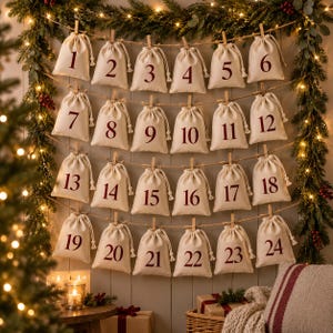 Puede incluir: Un calendario de Adviento navideño con veinticuatro bolsas de tela de color crema con cordón, colgadas de cuatro cuerdas de yute horizontales. Cada bolsa tiene impreso un número rojo oscuro del uno al veinticuatro y una pinza de madera.