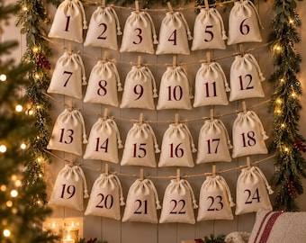 Fill Your Own Advent Calendar Bags, 24 Reusable Numbered Christmas Pouches