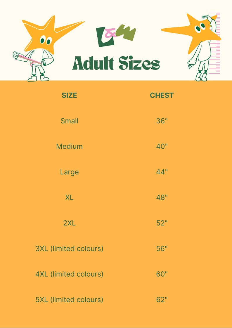 Puede incluir: Un gr&aacute;fico naranja con el texto "Adult Sizes" y una gu&iacute;a de tallas. El gr&aacute;fico enumera tallas de la Small a la 5XL, con medidas de pecho correspondientes en cm, que van de 91 cm a 157 cm. La imagen incluye personajes de estrellas de dibujos animados.