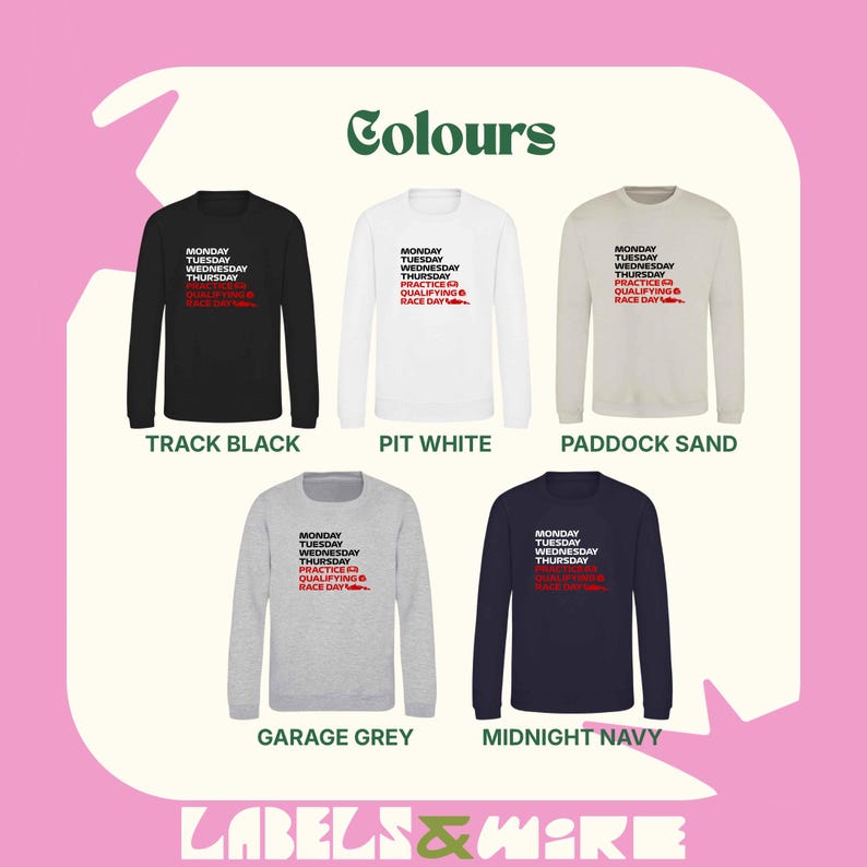 Puede incluir: Colecci&oacute;n de cinco sudaderas de manga larga en negro, blanco, beige, gris y azul marino. Cada sudadera presenta un gr&aacute;fico con texto sobre eventos de carreras. El texto es en negro y rojo. La marca "LABELS & MORE" est&aacute; en la parte inferior.