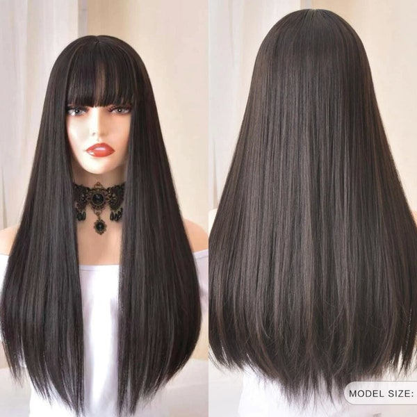 Black Wig With Bangs Etsy