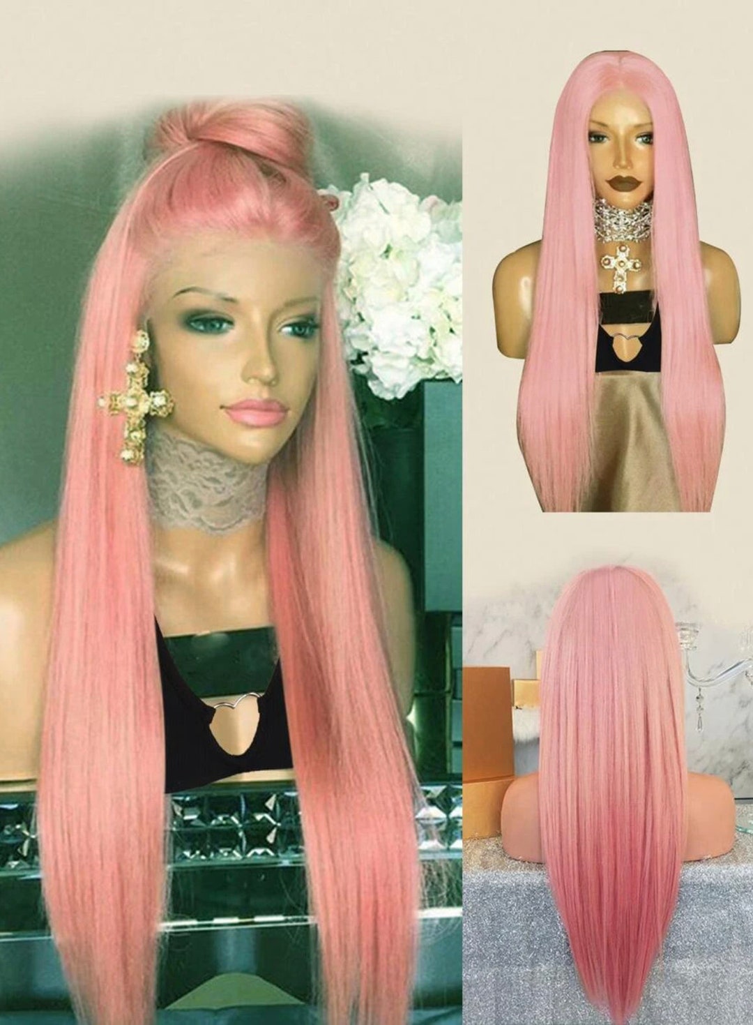 Tpart Lace Long Straight Synthetic Pink Wig High Quality Wig Etsy