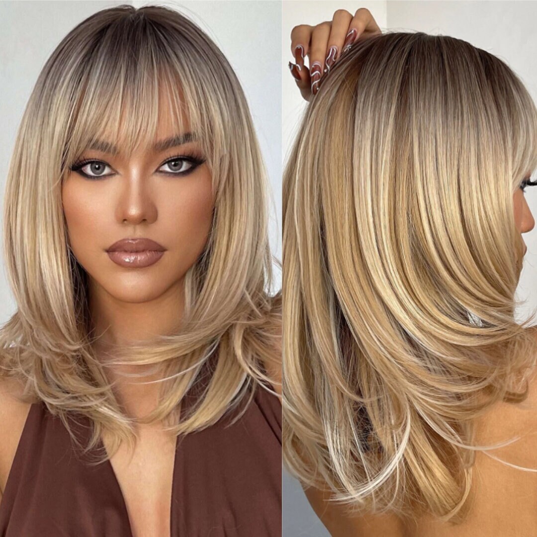 Naturel Ombre Black Blonde Wigs for Women Synthetic Hair Heat Resistant