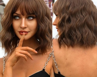 Short Curly Synthetic Brown Wig With Bangs