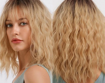 blonde wavy hair with bangs