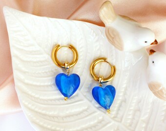 Heart shaped glass earrings, drop earrings, unique bohemian fashion earrings, Blue glass, Heart of blue glass, holiday earrings, jewelry