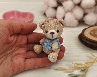 Miniature artist teddy bear toy with embroidered flowers. Gift for collector