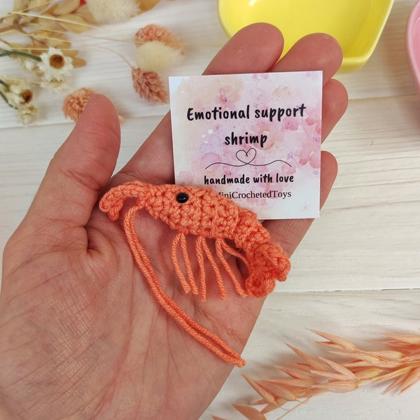 Pocket emotional support shrimp. Tiny stuffed positive prawn. Anti anxiety, stress relief. Cheer up gift for friend, colleague. Pick me up