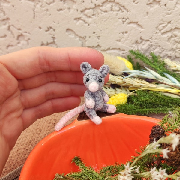 Tiniest pocket pet - plush mouse toy for dollhouse. Mini rat figurine. Cute stuffy animal for collection. Lovely artist  handmade miniature