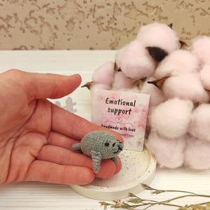 Manatee micro crochet cute pocket toy. Emotional support gift for friend, daughter, son, mom. Mini stuffed desk pet. Handmade cute animal