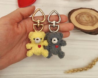 Plush mini teddy bear with red heart keychain. Stuffed soft keyring ornament