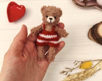 Plushie pocket teddy bear in overalls. Stuffed miniature animal gift