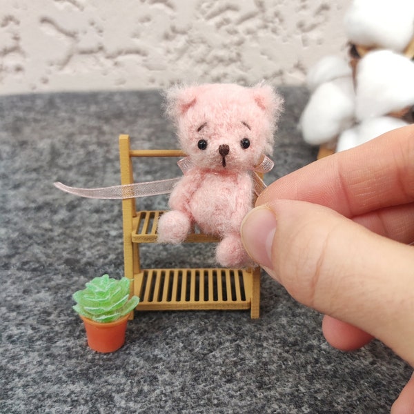 Tiny teddy bear stuffed plushie collectiable toy. Cute miniature artist unique teddy doll companion. Lovely pink mini animal. Small pet.
