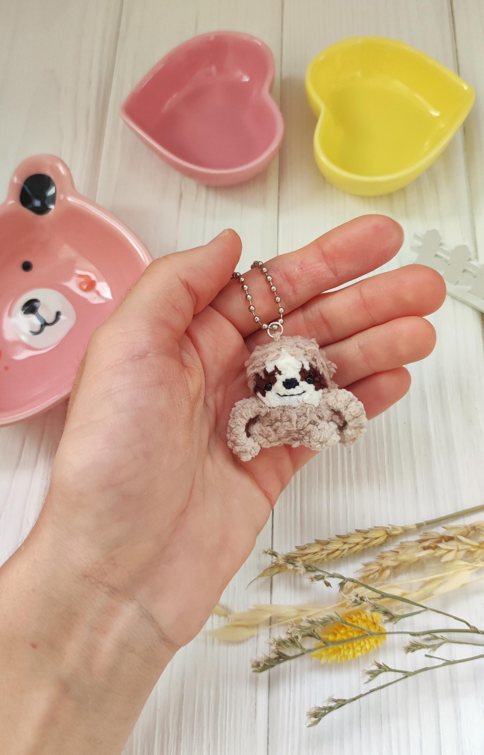 Mini plush sloth keychain. Cute tiny soft sloth toy. Stuffed crochet miniature pocket pet. Backpack buddy. Emotional support gift for friend