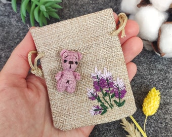 Micro stuffed teddy bear. Miniature plushie figurine in pouch with embroidery. Stuffed tiny teddy. Pocket hug gift. Cute little animal.