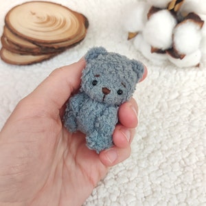 K&ouml;nnte beinhalten: Ein kleiner, grauer Pl&uuml;schteddyb&auml;r mit gestickten Augen und einer braunen Nase. Der B&auml;r wird in der Hand einer Person gehalten.