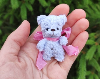 Tiny fluffy 2" teddy bear. Crochet miniature plushie soft bear for doll. Pocket hug. Small stuffed cute teddy.