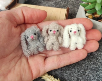 Tiniest plush bunny rabbit toy. Very small furry bunny friend for doll companion. Artist miniature stuffy animal.