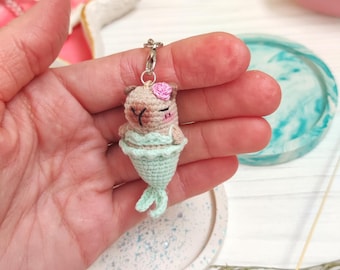 Mini capybara stuffed toy. Tiny crochet mermaid cute plushie keychain. Lovely gift for girl friend. Pocket buddy, backpack ornament charm