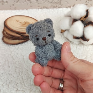 K&ouml;nnte beinhalten: Ein kleiner grauer Teddyb&auml;r mit schwarzen Augen und einer braunen Nase. Der B&auml;r sitzt in der Handfl&auml;che.