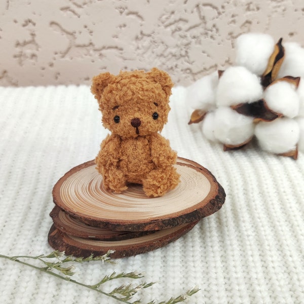 Tiny teddy bear plushie soft miniature toy. Cute stuffed pocket animal gift for friend. Lovely mini plush pet for collection. Doll companion