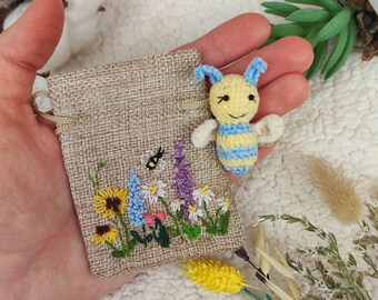 Miniature plushie bee in embroidered pouch. Cute gift set for flower lovers. Tiny stuffed collectiable toy. Lovely animal. Gift for girl