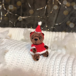 Miniature Christmas gift teddy bear. Bear in Santa hat. Xmas micro plushie crochet toy. Christmas collection.