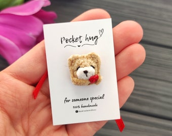 Pocket hug cute micro teddy bear with heart. Sending hugs, miss you, think of you gift. Thoughtful gift. Special friend. Lockdown. Sympathy