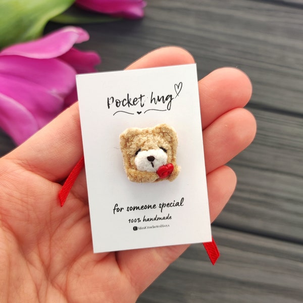 Pocket hug cute micro teddy bear with heart. Sending hugs, miss you, think of you gift. Thoughtful gift. Special friend. Lockdown. Sympathy