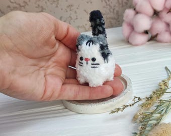 Plushie mini cat toy. Miniature crochet tuxedo kitten stuffed figurine. Gift for cat mom, dad, best friend. Pocket animal, desk buddy