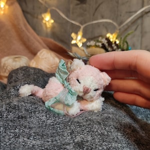 Miniature fluffy kitten toy. Tiny stuffed sleeping cat pink figure. Mini cute animal. Pocket plushie for Blythe. Lovely small gift of love