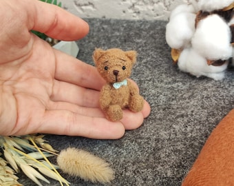 Mini fluffy teddy bear 2 inch. Doll plushie friend. Miniature artist animal for collection. Pocket pet. Cute tiny teddy. Small figurines.
