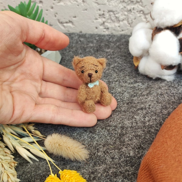 Mini fluffy teddy bear 2 inch. Doll plushie friend. Miniature artist animal for collection. Pocket pet. Cute tiny teddy. Small figurines.