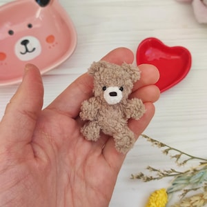 Könnte beinhalten: Ein kleiner, brauner Teddybär mit weißen gestickten Augen und Nase. Der Bär sitzt in der Handfläche.
