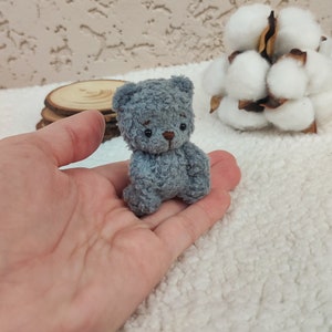 K&ouml;nnte beinhalten: Ein kleiner grauer Teddyb&auml;r mit schwarzen Augen und einer braunen Nase. Der B&auml;r sitzt auf der Hand einer Person.
