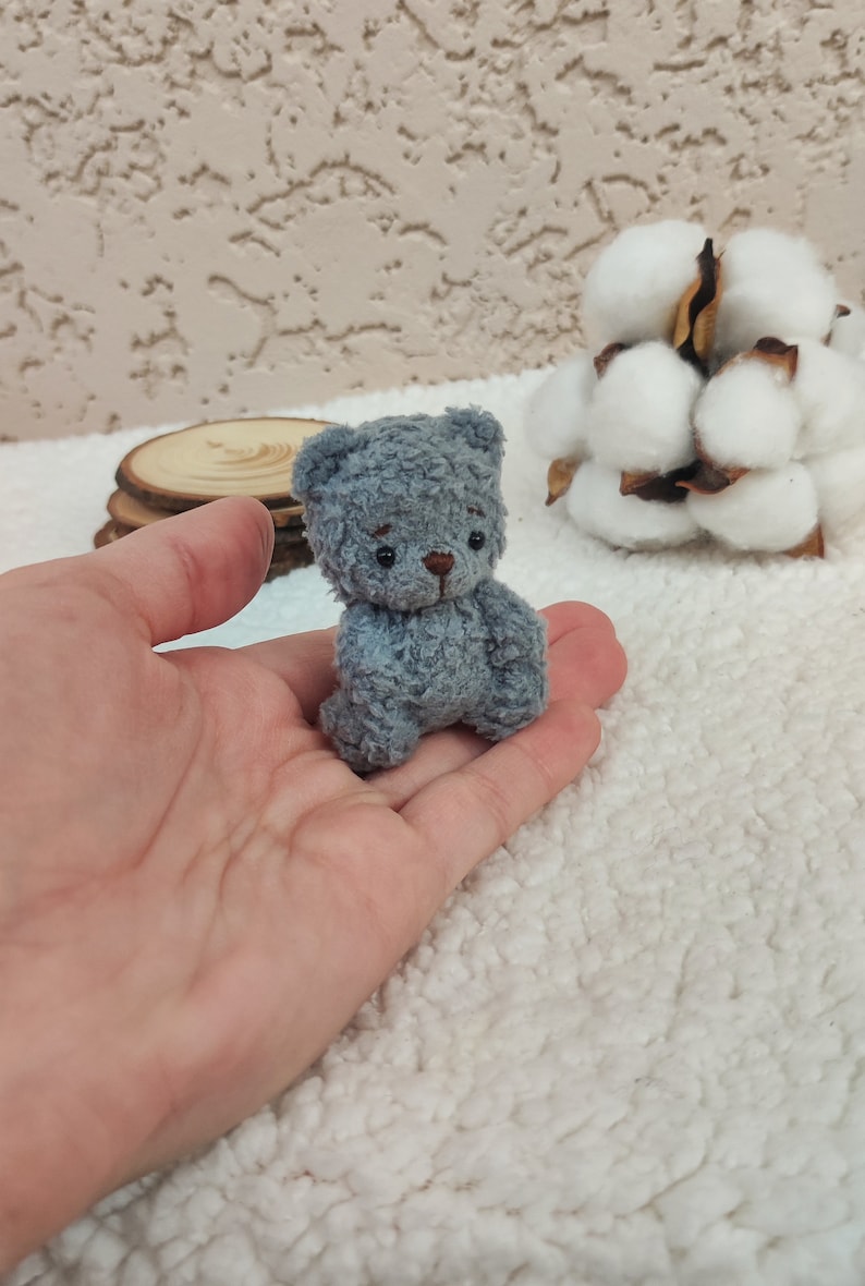 K&ouml;nnte beinhalten: Ein kleiner grauer Teddyb&auml;r mit schwarzen Augen und einer braunen Nase. Der B&auml;r sitzt auf der Hand einer Person.