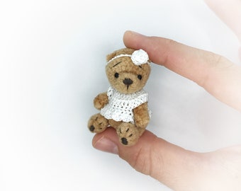 Mini stuffed teddy bear in white dress. Miniature cute toy souvenir gift for friend, sister. Artist dollhouse Blythe plushie pocket animal