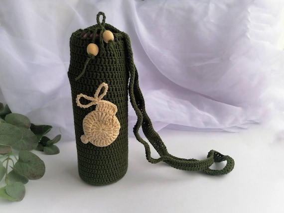 Rabbit Crochet Water Bottle Holder, Green Thermos Carrier Shoulder Bag, Easter Gift for Her