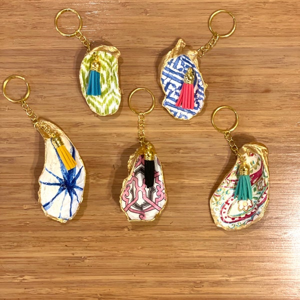 Gilded & Decoupaged Oyster Shell Keychain with Tassel