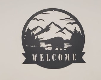 metal bear welcome sign, personalized cabin sign. cabin decor,