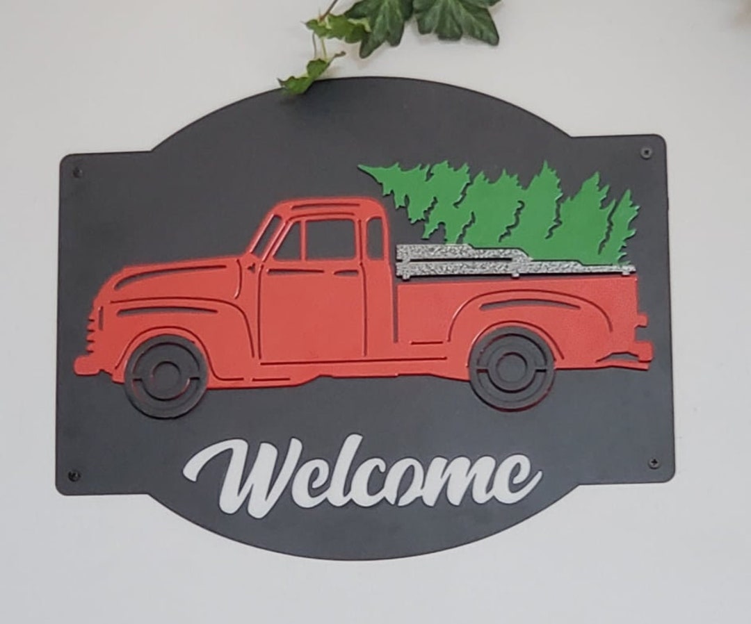 Steel Red Truck Sign With 5 Interchangeable Seasonal