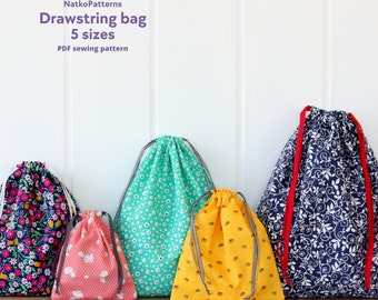 Simple drawstring bag sewing pattern, 5 sizes, Easy sewing tutorial for beginners, pdf file, project bag, craft organizer, party favor bags