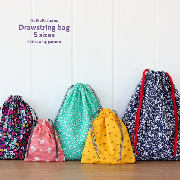 Simple drawstring bag sewing pattern, 5 sizes, Easy sewing tutorial for beginners, pdf file, project bag, craft organizer, party favor bags