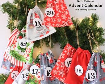 Christmas advent calendar bag pattern, Easy sewing pattern PDF, Christmas Countdown Calendar for Kids, XMAS advent bags to fill, Templates