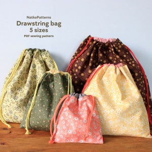 Kordelzugmuster 5 Grössen, Einfaches Taschen-Schnittmuster, Wiederverwendbares Taschenmuster, Eco-Tasche nähen PDF, Taschen-Nähanleitung mit Schablonen