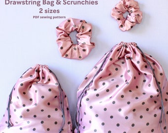 Sewing pattern Drawstring bag, Scrunchie, Set of Drawstring bag and Scrunchie, Easy Sewing pattern PDF, Beginner sewing, with Templates