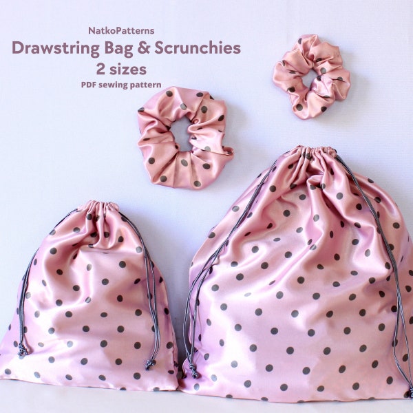 Sewing pattern Drawstring bag, Scrunchie, Set of Drawstring bag and Scrunchie, Easy Sewing pattern PDF, Beginner sewing, Bag and Scrunchie