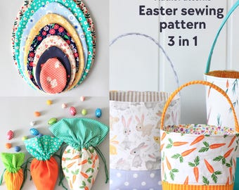 3 in 1 Easter sewing pattern set: Reversible basket, Fillable fabric egg and Drawstring Carrot Bag