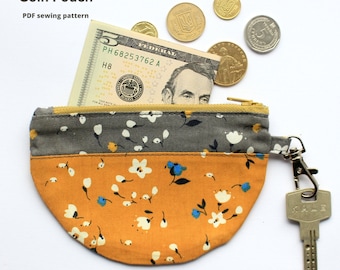 Circle coin pouch with keychain PDF sewing pattern, DIY small zipper purse, Easy sewing project for beginners, Scrap friendly tutorial